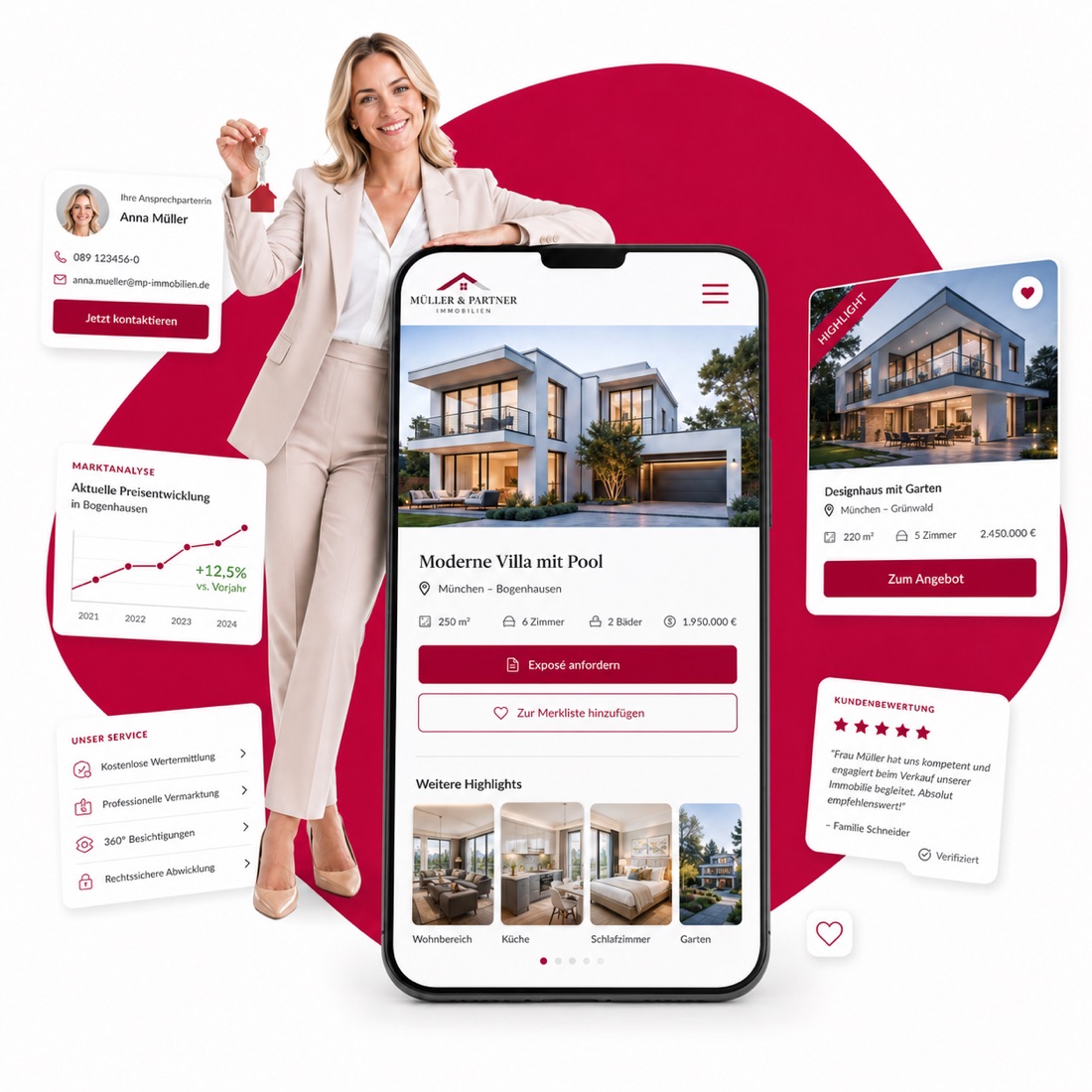 Immobilienmaklerin mit Wohnungsschlüssel und Makler-Website mit Exposé, Marktanalyse und Kundenbewertungen auf dem Smartphone