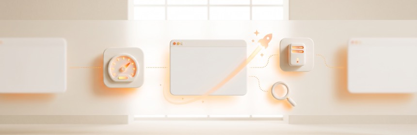 Performance, Hosting & SEO Performance, Hosting und SEO: Tachometer, Server und Lupe rund um eine schnelle Website-Karte