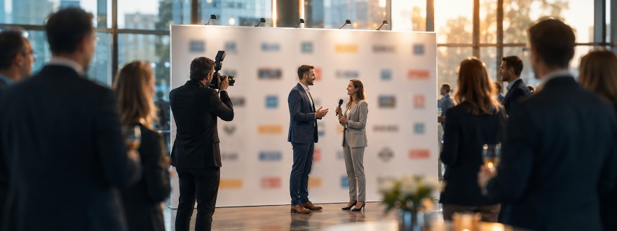 Logowall als Hintergrund für Interviews und Pressefotos auf einem Event