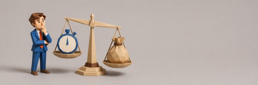 Waage mit Stoppuhr auf der einen und Geldsack auf der anderen Seite