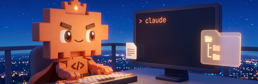 Was ist Claude Code? Was ist Claude Code: Maskottchen tippt im Terminal, daneben eine CLAUDE.md-Datei und ein Projekt-Ordnerbaum