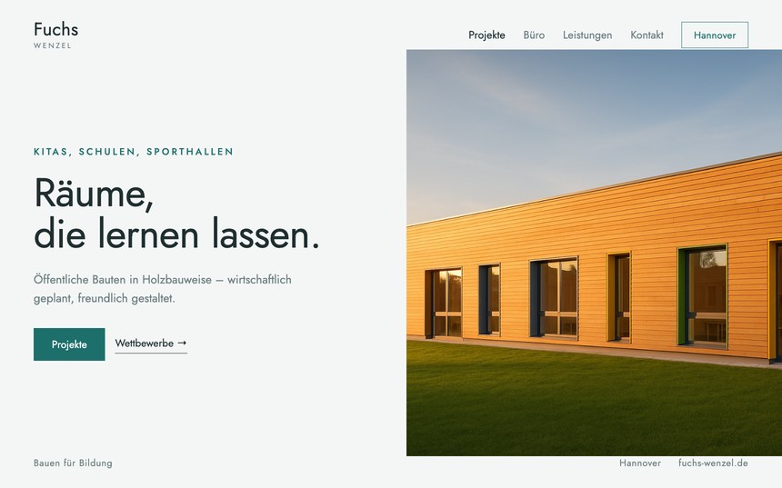 Webdesign für Architekten – Entwurf für Fuchs Wenzel, Bauen für Bildung