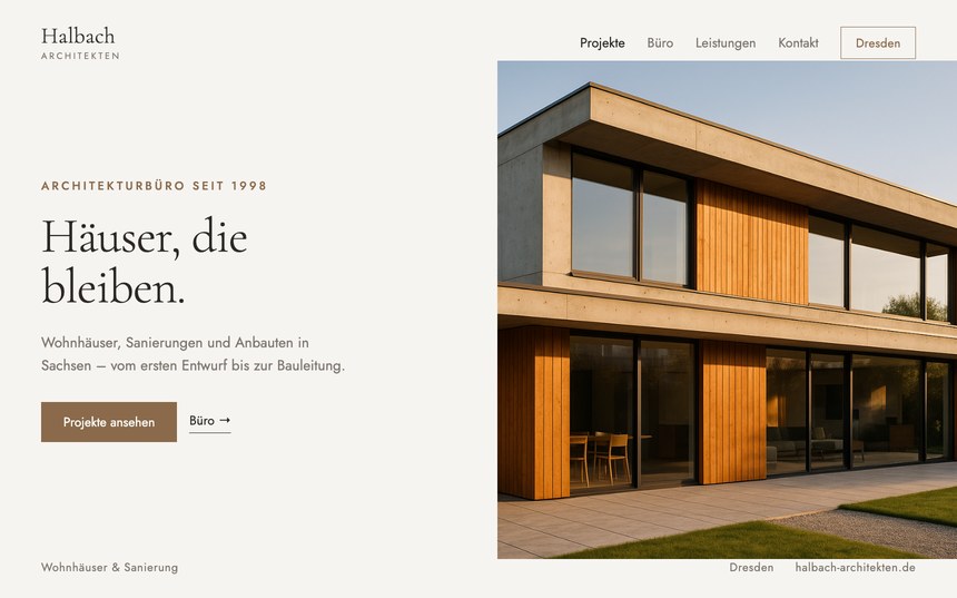 Webdesign für Architekten – Entwurf für Halbach Architekten, Wohnhäuser & Sanierung