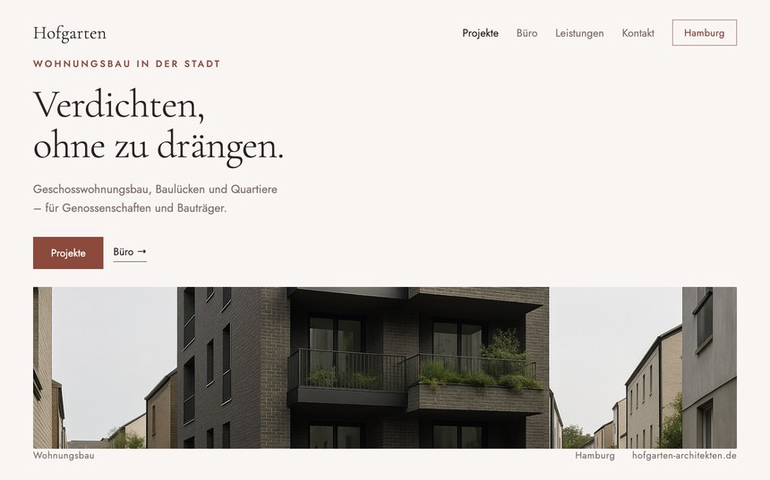 Webdesign für Architekten – Entwurf für Hofgarten Architekten, Wohnungsbau