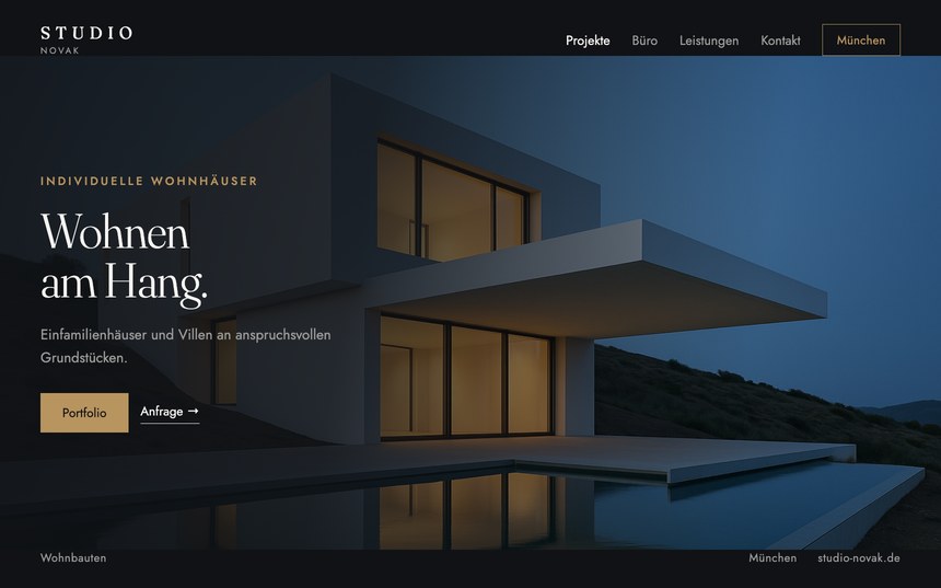 Webdesign für Architekten – Entwurf für Studio Novak, Wohnbauten