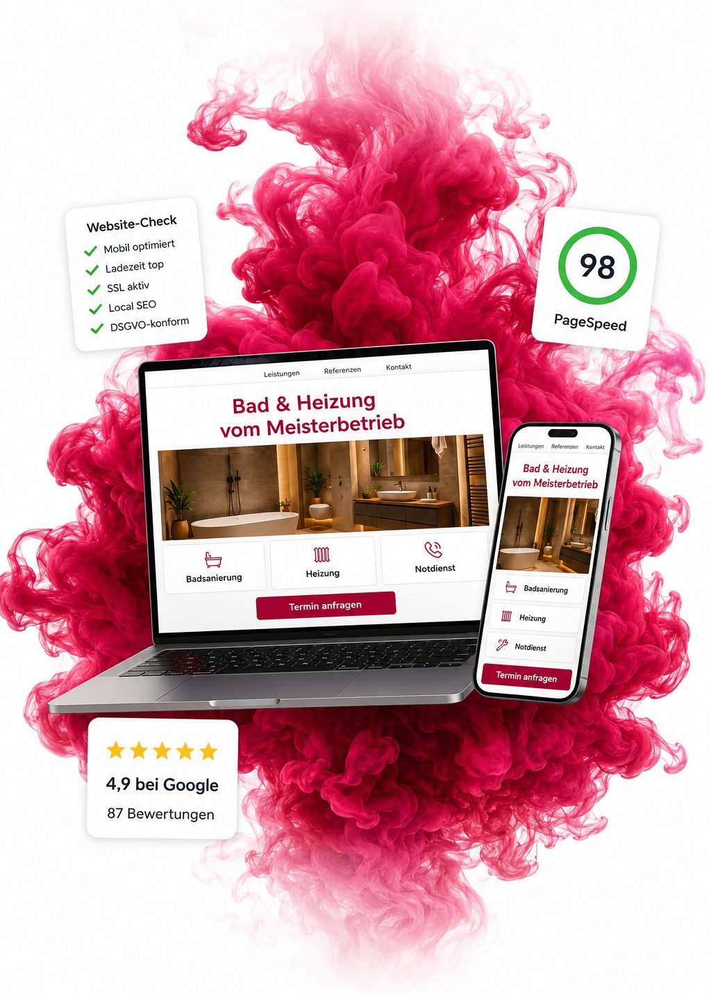 Laptop und Smartphone mit einer Handwerker-Website in roter Tintenwolke, dazu Website-Check, PageSpeed 98 und 4,9 Google-Sterne