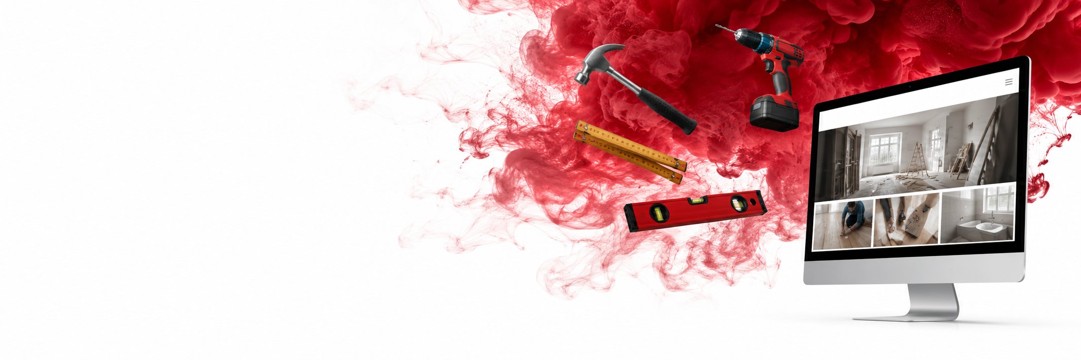 Rote Farbwolke mit Werkzeugen und Handwerker-Website auf einem iMac – Webdesign für Handwerker