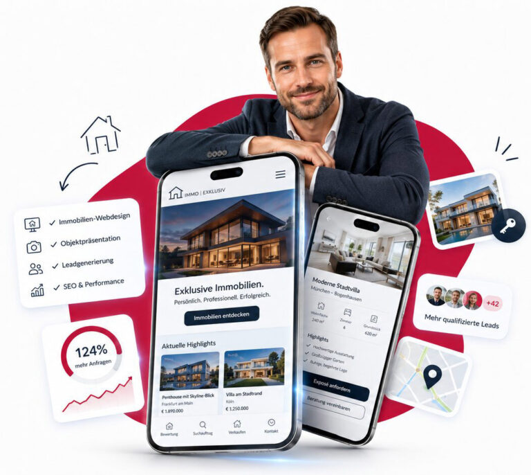 Webdesign für Immobilienmakler: Makler-Website mit Objektübersicht auf Smartphone und Tablet