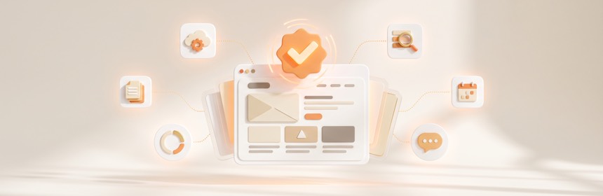 Fazit: Lohnt sich Webflow? Fazit zum Praxistest: Leuchtender Haken über der fertigen Design-Website