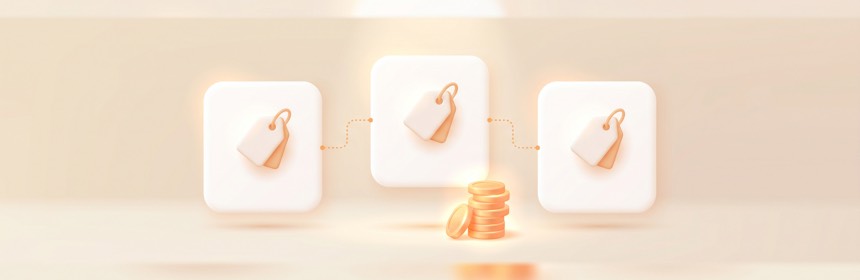 Webflow Preise: Was kostet der Spaß? Preise im Überblick: Mehrere Tarif-Karten mit Münzen und leuchtendem Preisschild