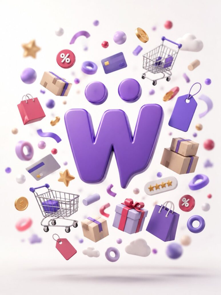 WooCommerce Logo als 3D-Grafik, umgeben von Einkaufswagen, Paketen, Preisschildern und Kreditkarten
