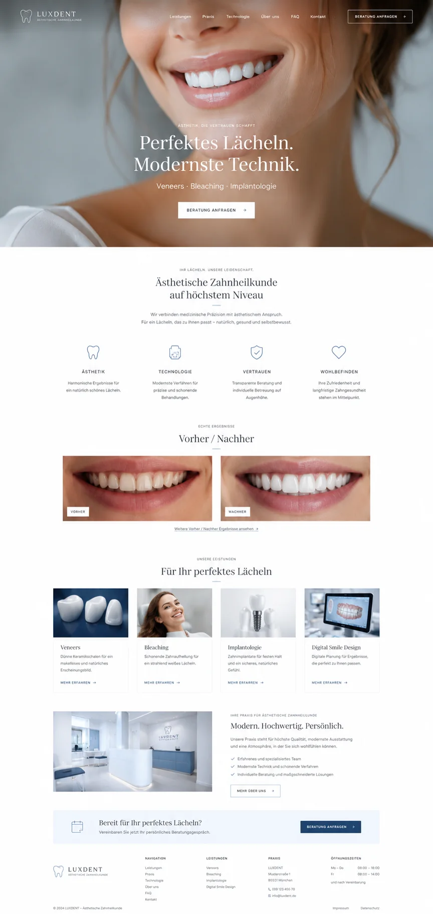 Edles Zahnarzt-Website Designkonzept für ästhetische Zahnheilkunde