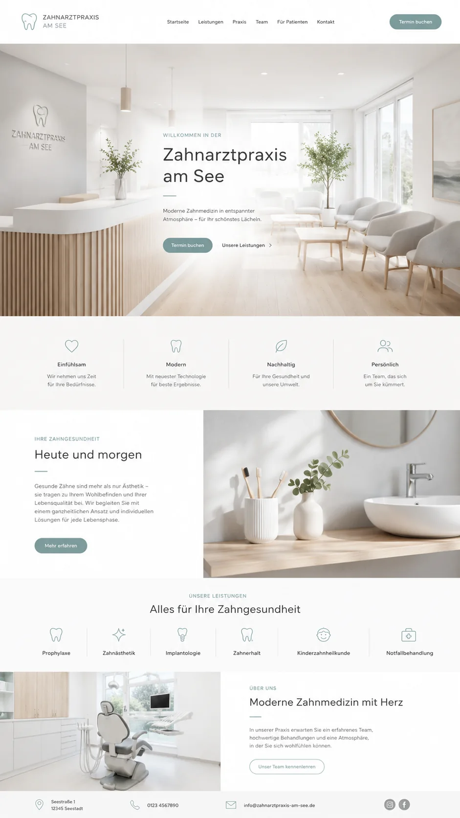 Zahnarzt-Website Designkonzept für eine helle Zahnarztpraxis am See