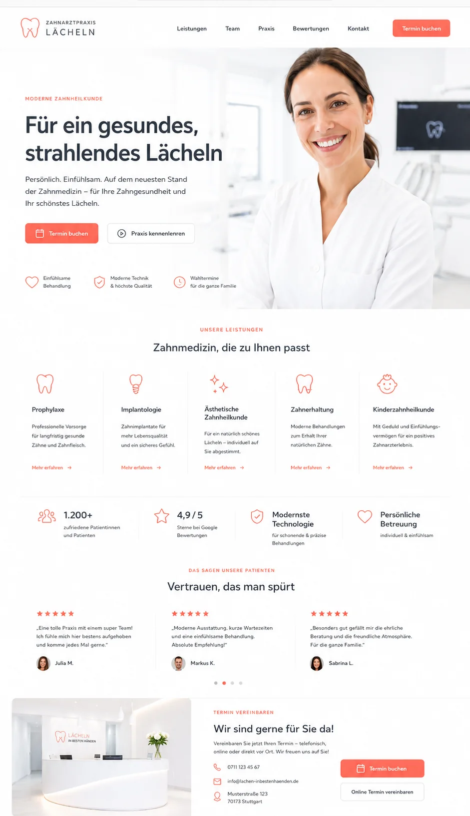 Freundliches Zahnarzt-Website Designkonzept für die Praxis Lächeln
