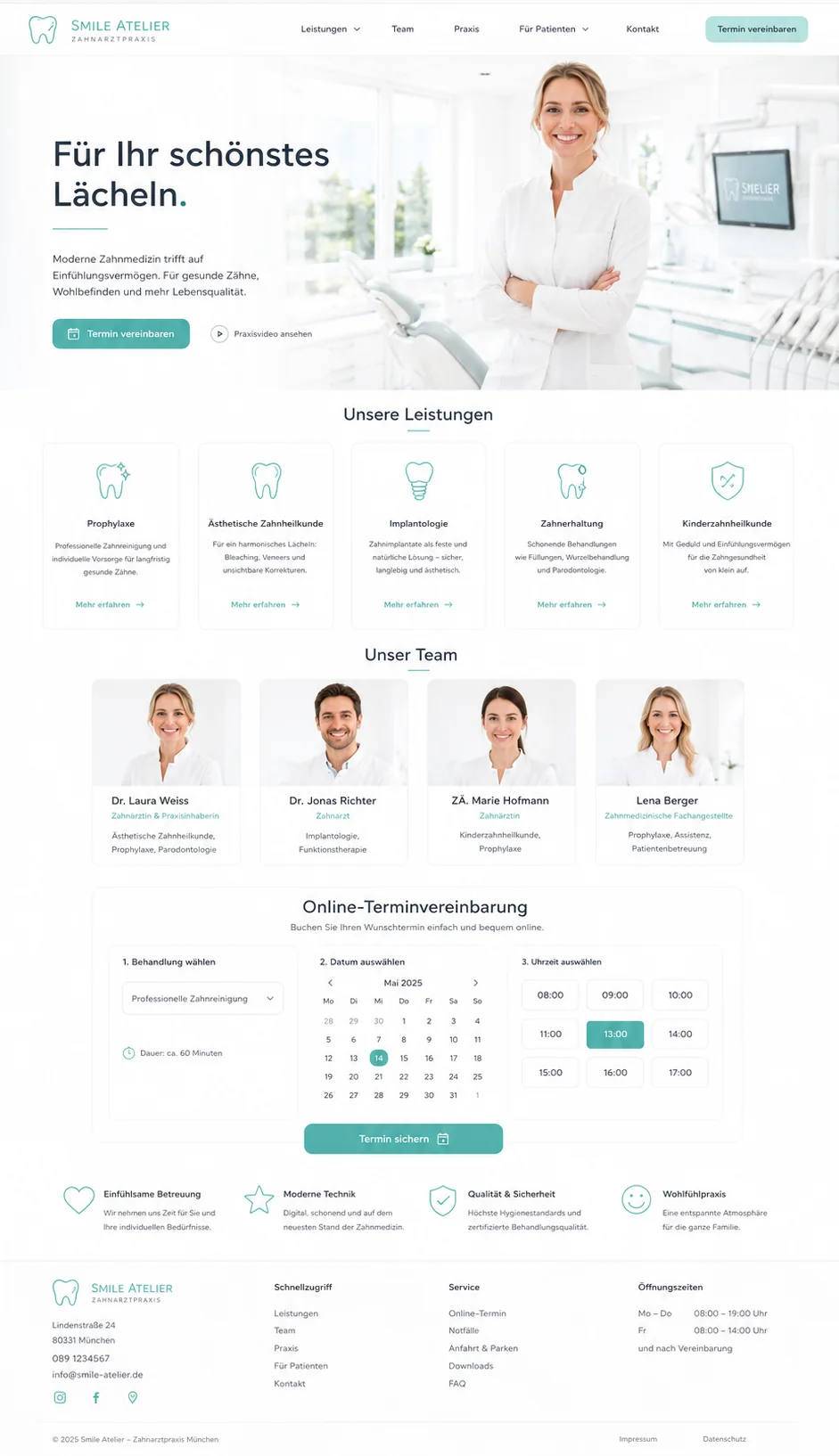 Helles Zahnarzt-Website Designkonzept für das Smile Atelier