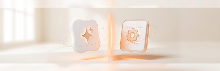 Framer vs. Webflow: zwei Builder, zwei Philosophien Zwei Philosophien im Vergleich: eine verspielte und eine technische Website-Karte stehen sich gegenüber