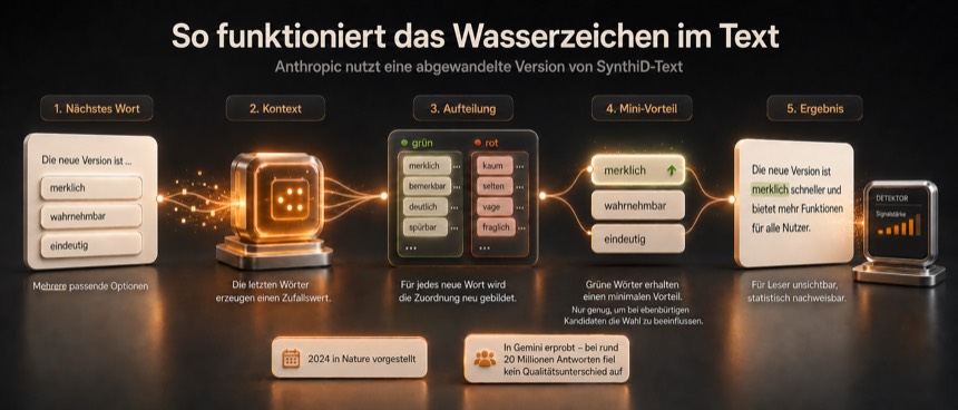 Infografik: So funktioniert das Claude Wasserzeichen in fünf Schritten von der Wortauswahl bis zum Nachweis