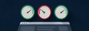 Drei Messuhren über einer Webseite, zwei grün und eine rot als Sinnbild für nicht bestandene Core Web Vitals