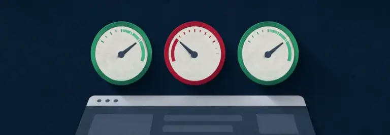 Drei Messuhren über einer Webseite, zwei grün und eine rot als Sinnbild für nicht bestandene Core Web Vitals