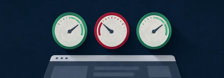 Drei Messuhren über einer Webseite, zwei grün und eine rot als Sinnbild für nicht bestandene Core Web Vitals