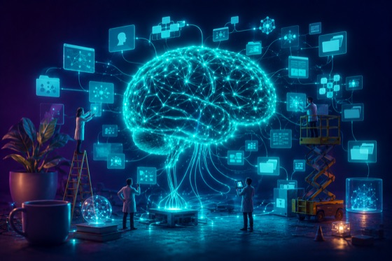 Second Brain: leuchtendes KI-Gehirn, das Notizen, Ordner und Dokumente verbindet