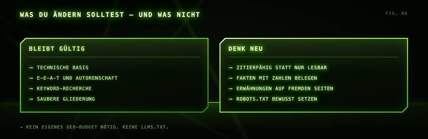 GEO Praxis: was bleibt und was sich ändert Was bei SEO gültig bleibt und was du für GEO neu denken solltest
