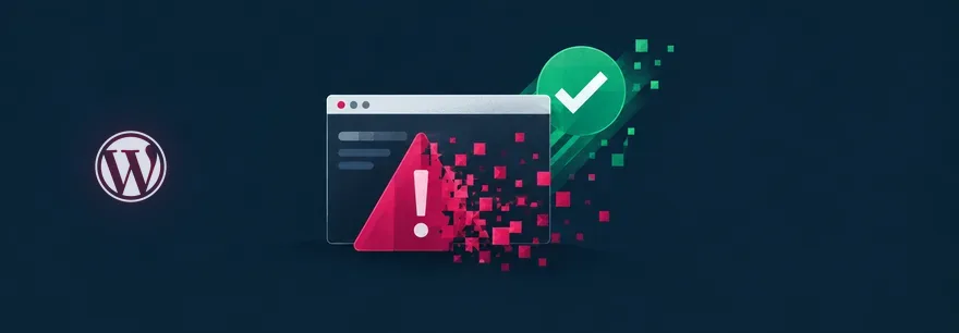 WordPress-Logo, browserfenster mit rotem Warndreieck, das sich auflöst, dahinter erscheint ein grüner Haken