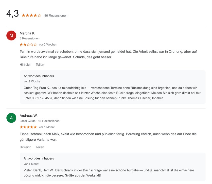 Zwei Google-Bewertungen mit Antworten des Inhabers, einmal auf Kritik und einmal auf Lob