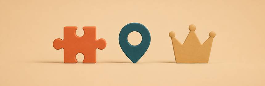 Puzzleteil, Standort-Pin und Krone als Symbolbild für die drei Ranking-Faktoren Relevanz, Distanz und Prominenz