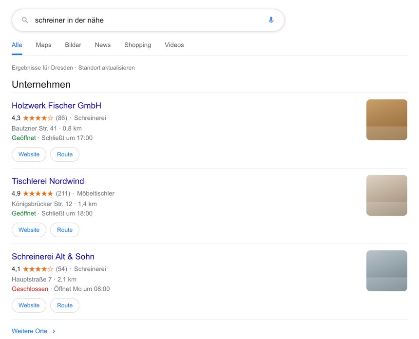 Google-Suchergebnis mit dem Local Pack: drei Schreinereien mit Sternebewertung, Entfernung und Öffnungsstatus