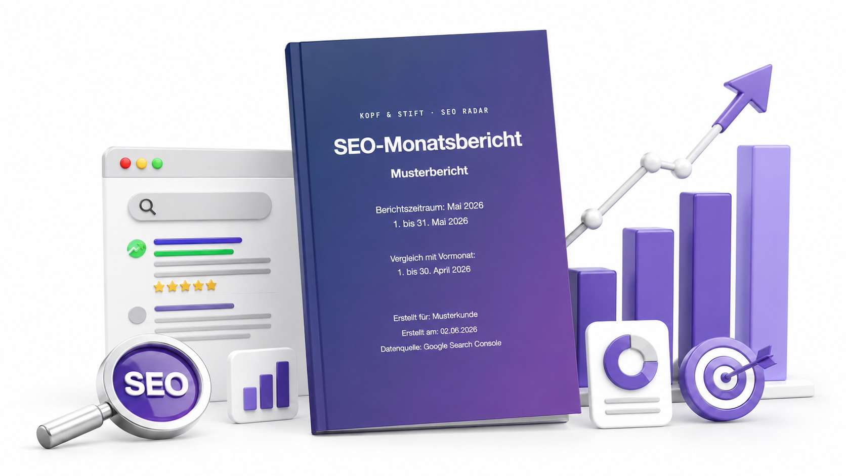 Aufgeschlagener SEO-Monatsbericht als gedrucktes Buch