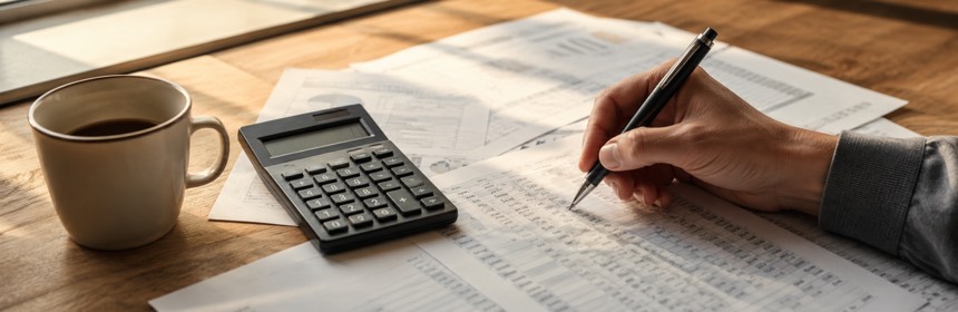 Hand mit Stift rechnet am Schreibtisch Tabellen mit einem Taschenrechner nach