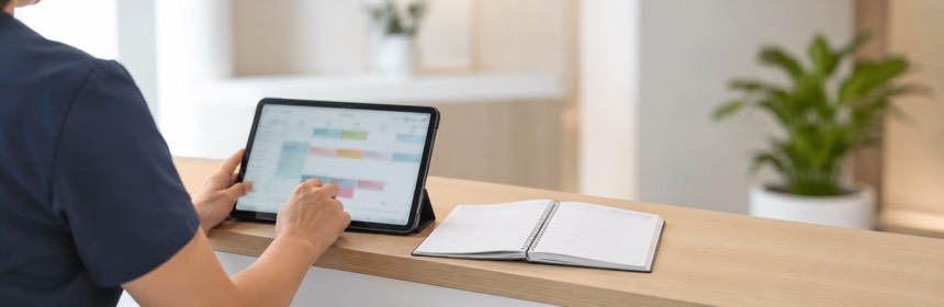 Mitarbeiterin bedient an der Rezeption einen Terminkalender auf dem Tablet