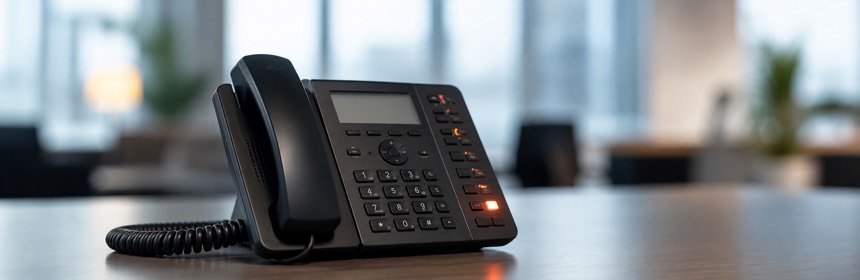 Bürotelefon mit mehreren leuchtenden Leitungstasten auf einem Schreibtisch