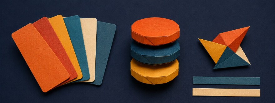 Farbmuster, Buttonformen und Markenzeichen aus geschnittenem Papier