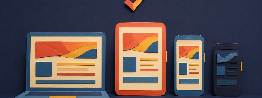 Newsletter auf Laptop, Tablet und zwei Smartphones, eines im Dark Mode