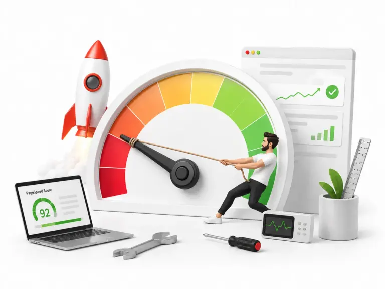 WordPress Performance-Optimierung: Tachometer wird in den grünen Bereich gezogen, daneben Rakete, Laptop mit PageSpeed-Bewertung und Werkzeug