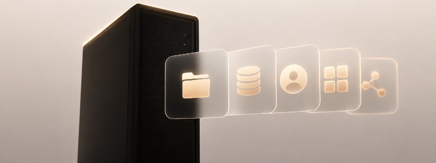 Tower Server mit fünf schwebenden Karten für Dateien, Datenbank, Benutzer, Anwendungen und Netzwerk