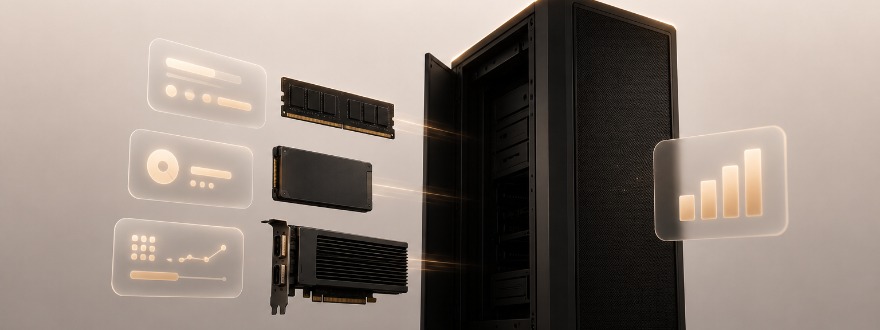 Speicherriegel, SSD und Erweiterungskarte schweben auf einen geöffneten Tower Server zu