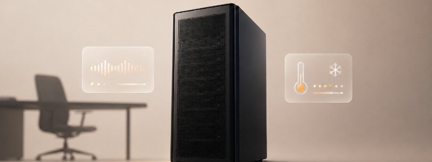 Tower Server im Büro neben Schreibtisch und Bürostuhl, Anzeigen für Geräuschpegel und Temperatur
