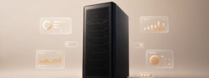 Dunkler Tower Server mit schwebenden Interface-Karten für Speicher, Netzwerk und Auslastung