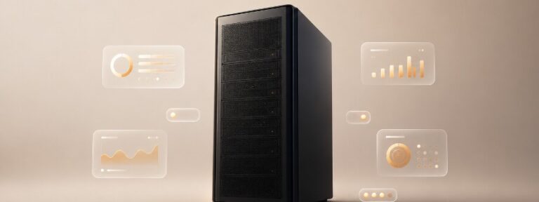 Dunkler Tower Server mit schwebenden Interface-Karten für Speicher, Netzwerk und Auslastung