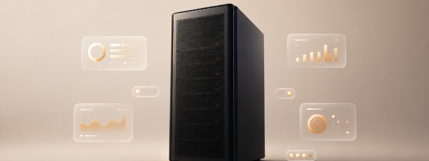 Dunkler Tower Server mit schwebenden Interface-Karten für Speicher, Netzwerk und Auslastung