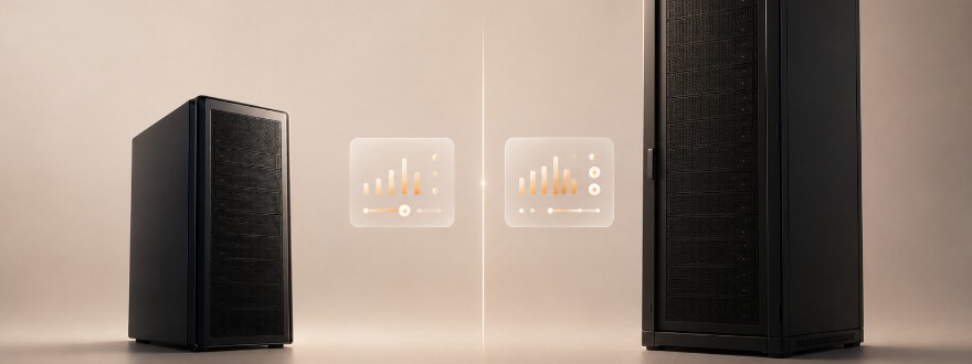 Tower Server links, Rack-Schrank rechts, dazwischen zwei Vergleichskarten