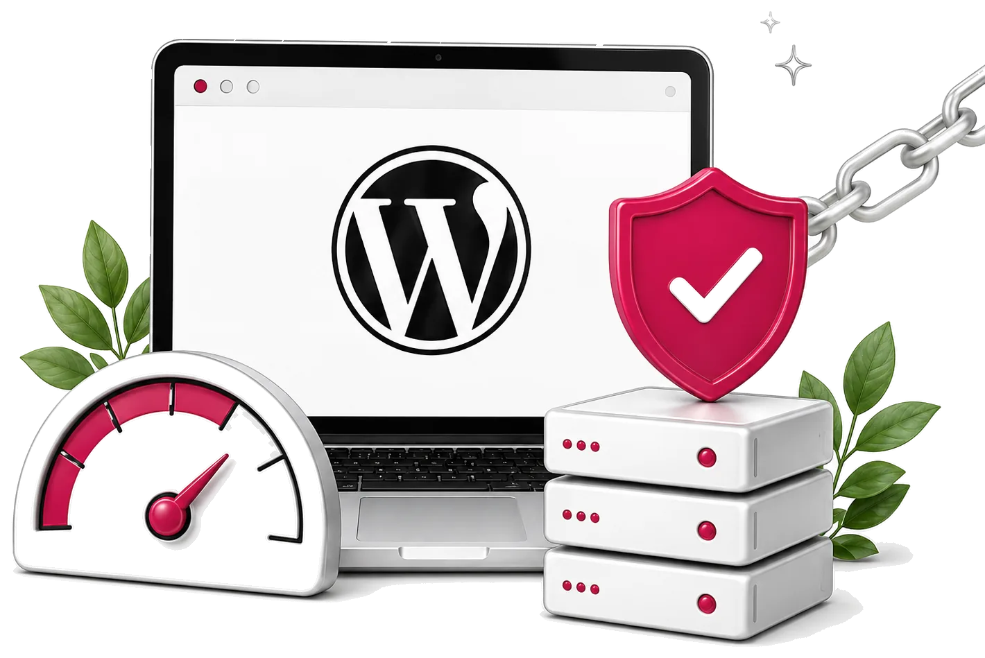 WordPress-Wartung: Laptop mit WordPress-Logo, Schutzschild, Server und Ladezeit-Anzeige