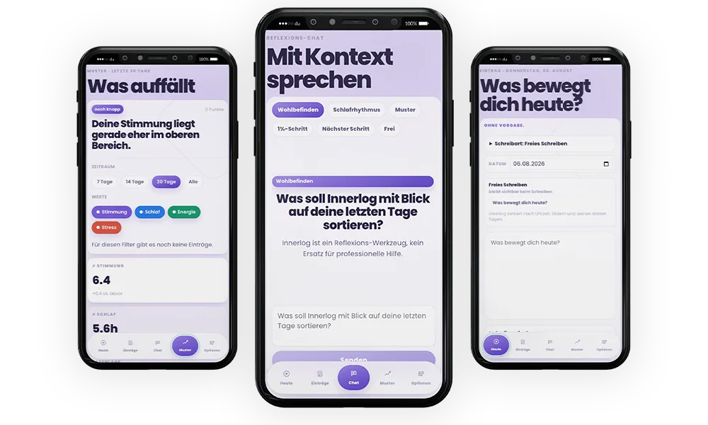 Innerlog App in der mobilen Ansicht auf drei Smartphones