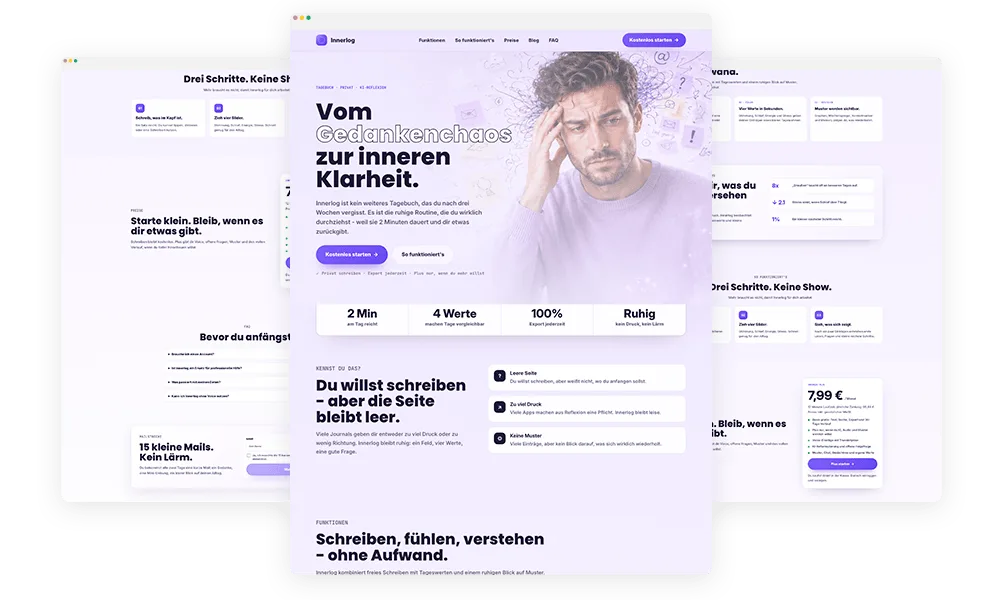Seitenübersicht der Innerlog Website mit Startseite und Preisen