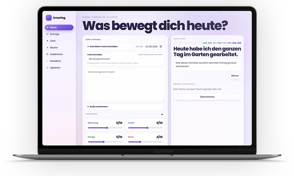 Innerlog App-Oberfläche mit Tageseintrag und Auswertung