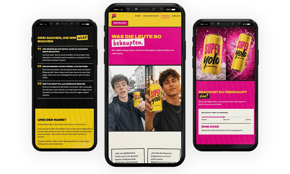 Superyolo Website in der mobilen Ansicht auf drei Smartphones