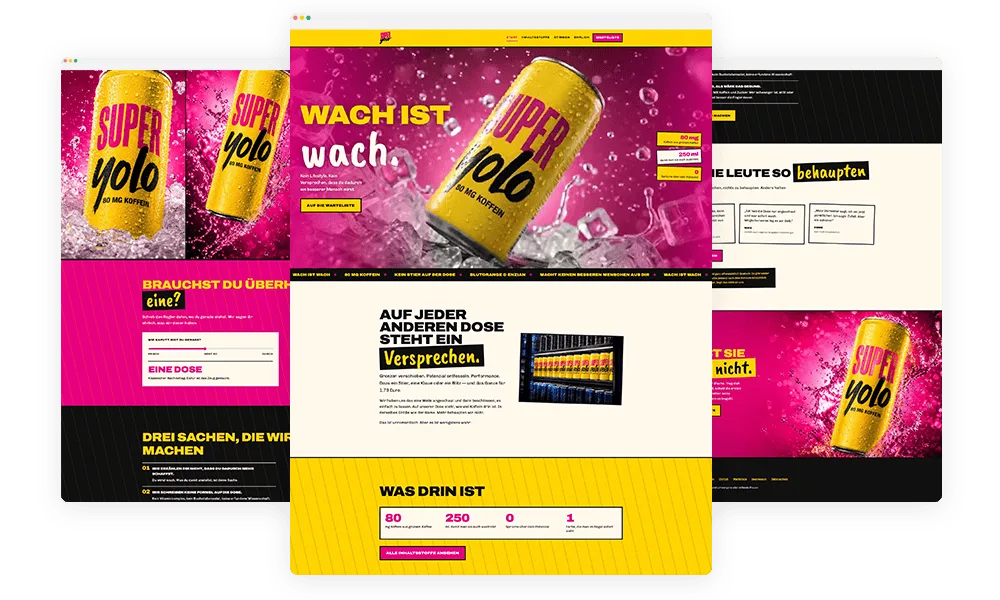 Seitenübersicht der Superyolo Website mit Startseite und Inhaltsstoffen